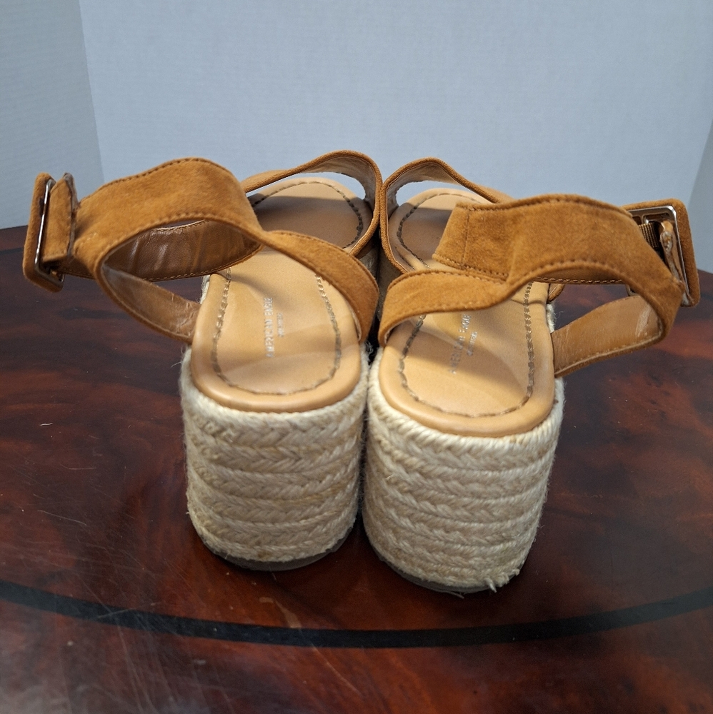 American Eagle Tan Faux Suede Open Toe Buckle Strap Platform Espadrilles Sandals - Picture 5 of 16